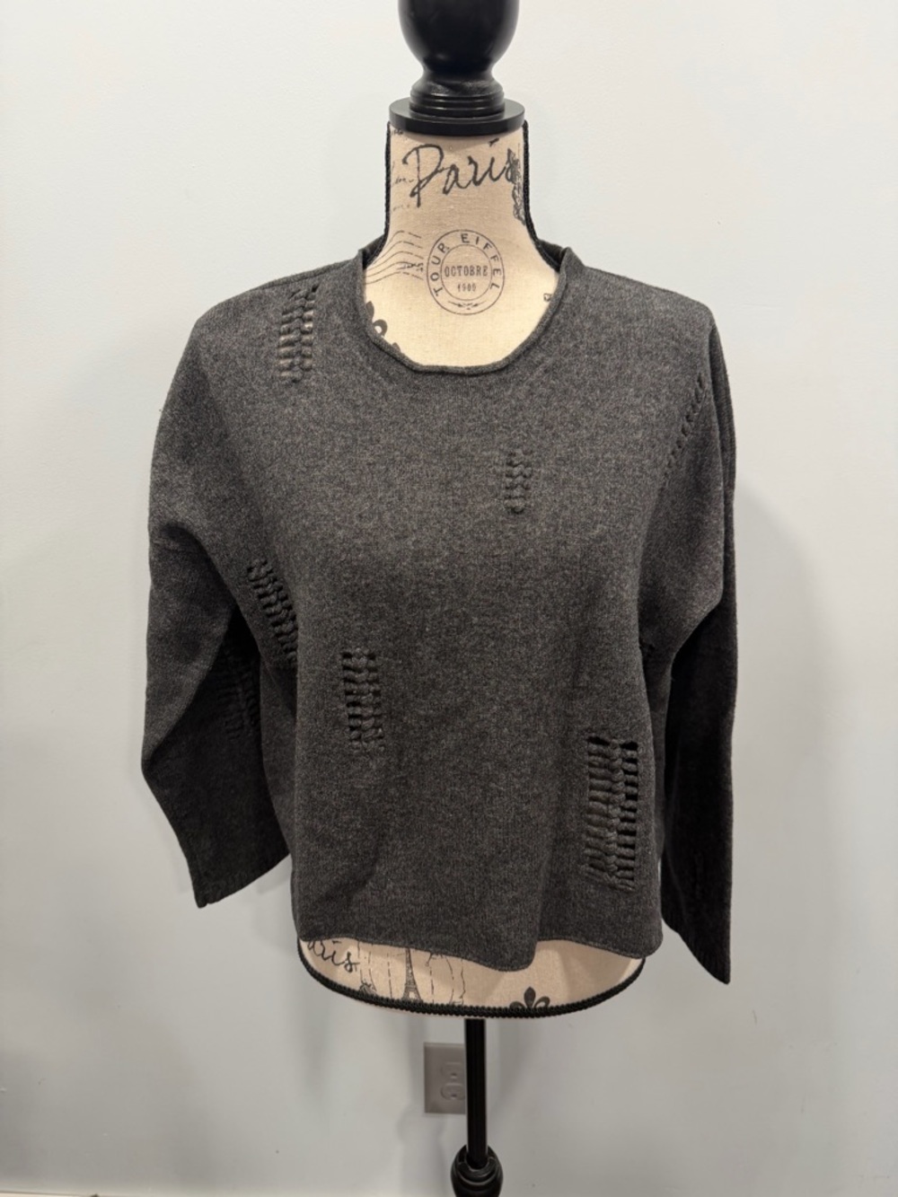 J. Jill Charcoal Distressed Crewneck Sweater, Size XS/S, Made 100% Lambswool.
